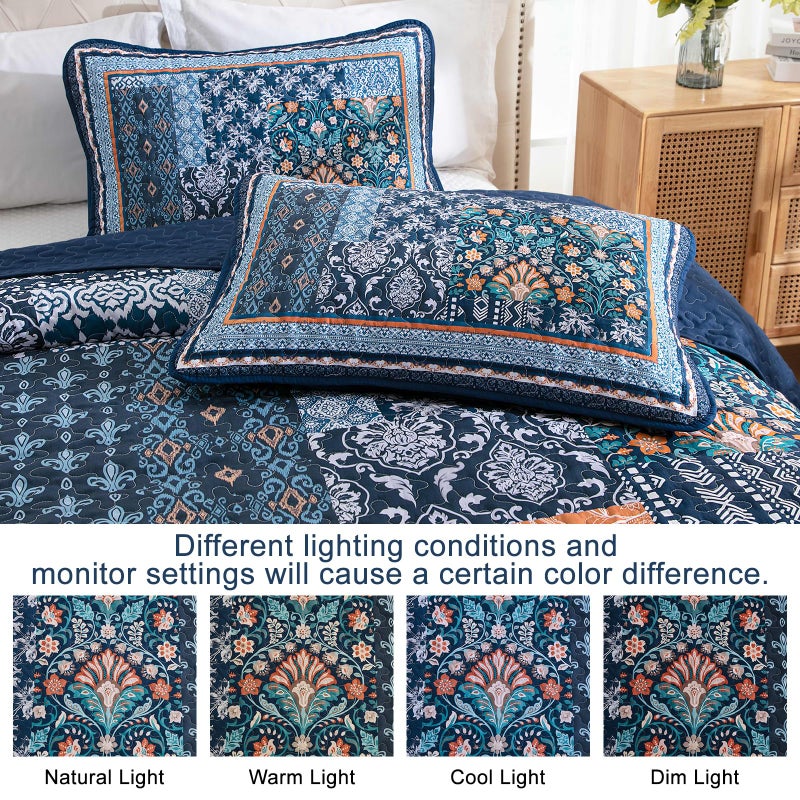 WONGS BEDDING طقم لحاف WONGS BEDDING باللون الأزرق الداكن مقاس كوين، طقم مفرش سرير بوهيمي مرقع، طقم مفارش سرير بنمط زهور قابلة للعكس لجميع المواسم (96 بوصة × 90 بوصة) - Image 5